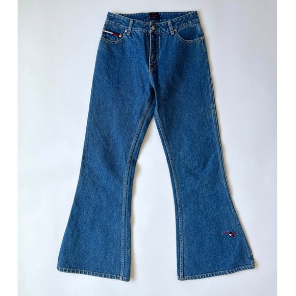 90s / y2k Tommy Hilfiger mid-rise medium wash 100% cotton flare denim jeans - Picture 1 of 9